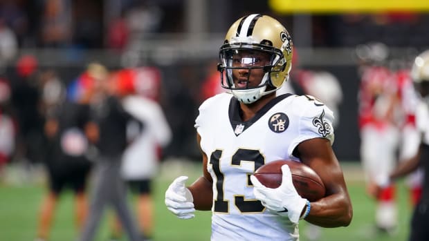 Michael Thomas during warmups before a New Orleans Saints game.