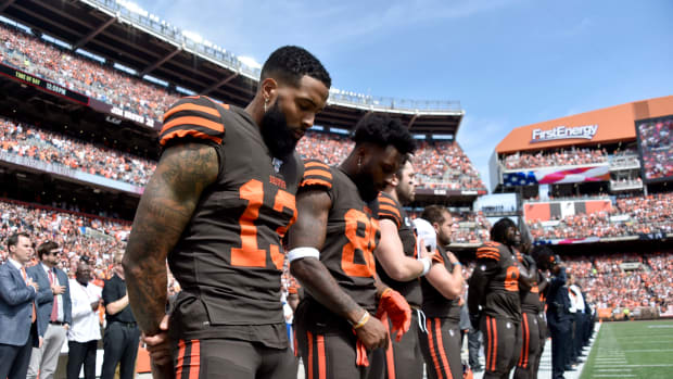 Odell Beckham stands during national anthem before first Browns game.