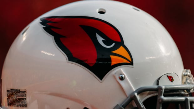 A closeup of an Arizona Cardinals helmet.