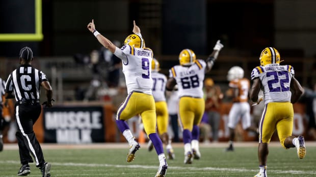 LSU quarterback Joe Burrow celebrates huge college football victory against Texas. The Tigers are now No. 1 in the AP Poll this week.