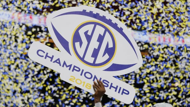 Confetti falls after the Alabama Crimson Tide defeated the Georgia Bulldogs 35-28 in the 2018 SEC Championship Game
