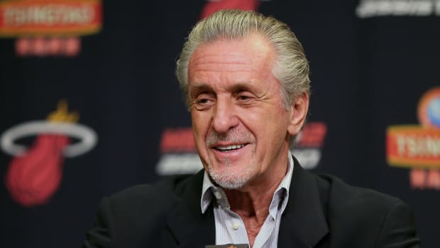 Pat Riley speaking to the Miami Heat media, after adding Ray Allen to the Heat team with LeBron James Dwyane Wade and Chris Bosh in 2012..