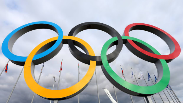 A general photo of the Olympic rings.