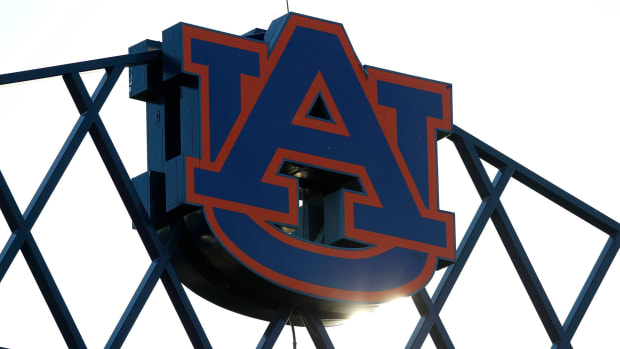 A general view of a giant Auburn logo in the team's stadium.