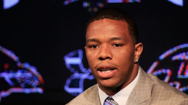 A closeup of Ray Rice addressing the media.
