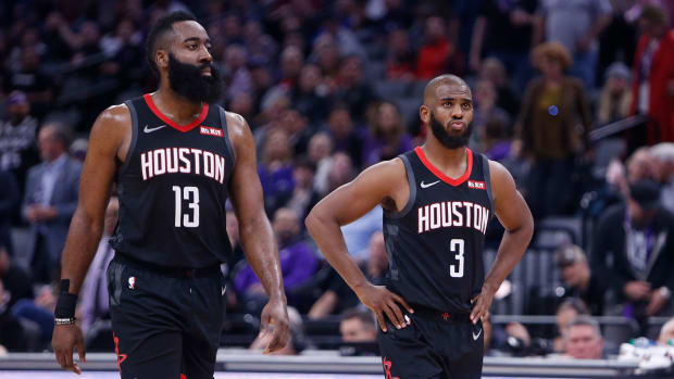 James Harden and Chris Paul playing for the Houston Rockets.