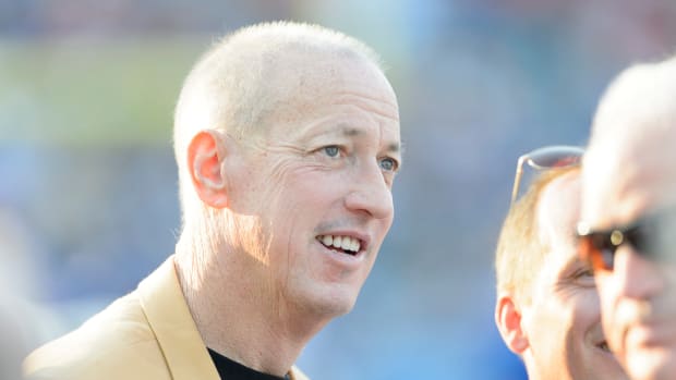 CANTON, OH - AUGUST 3: Jim Kelly on the sidelines prior to the game between the Buffalo Bills and the New York Giants at the 2014 NFL Hall of Fame Game at Fawcett Stadium on August 3, 2014 in Canton, Ohio. (Photo by Jason Miller/Getty Images)