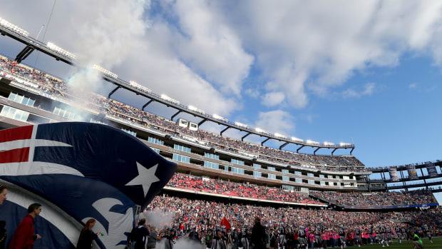 An interior view of Gillette Stadium during a Patriots game.