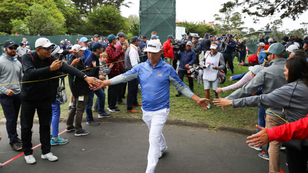 Gary Woodland is greeted by fans at the 2019 U.S. Open at Pebble Beach.