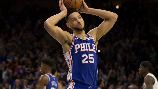 Ben Simmons reacting to a call during a game.