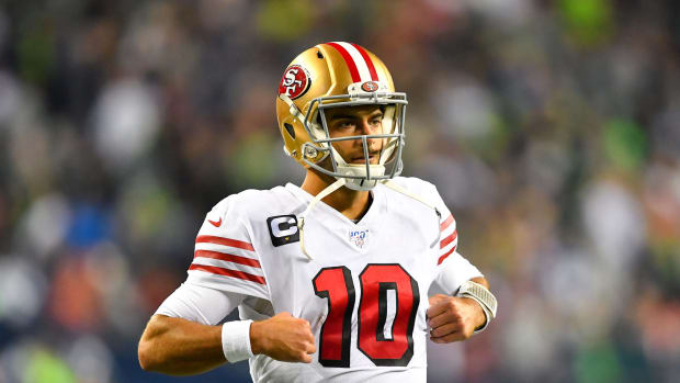 San Francisco 49ers quarterback Jimmy Garoppolo wears his uniform in Seattle.