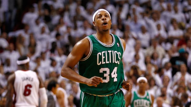 Paul Pierce celebrating during a game for the Celtics.
