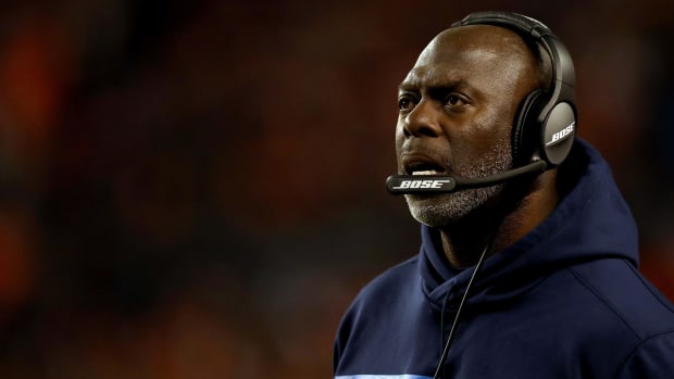 A closeup of Los Angeles Chargers coach Anthony Lynn.