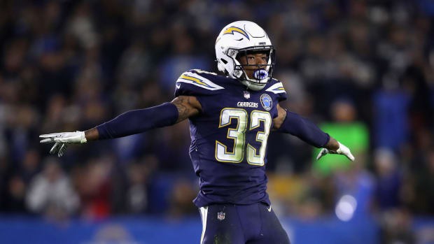 Derwin James of the Los Angeles Chargers reacts to broken pass.