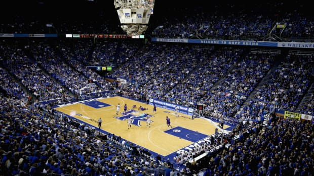 An overhead shot of Rupp Arena during a game.