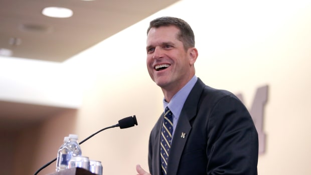 Jim Harbaugh speaks as he is introduced as the new Head Coach of the University of Michigan football team.