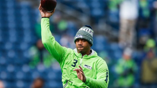 Seattle Seahawks QB Russell Wilson warming up before a game.