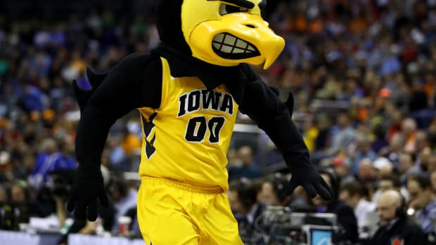 A closeup of Iowa's mascot during a basketball game.