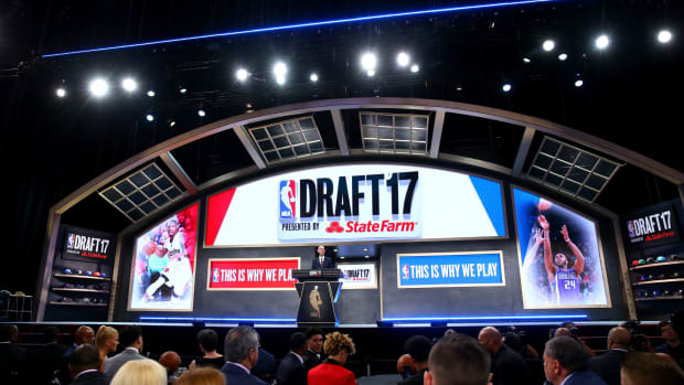 A general view of Adam Silver standing at the podium at the 2017 NBA Draft.