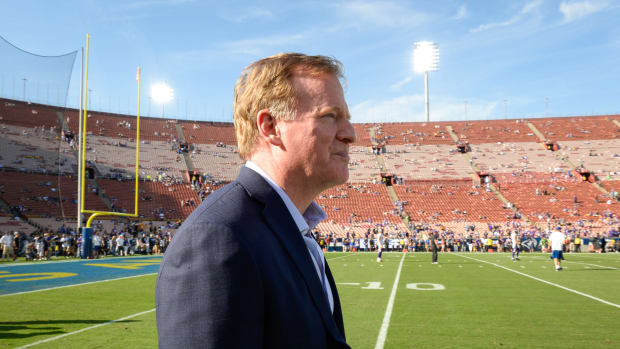 Roger Goodell on the field before an NFL game.