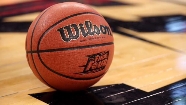 A generic photo of a basketball taken at the 2015 Final Four.