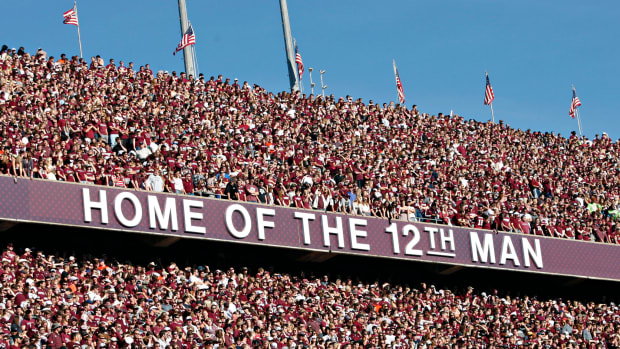 A photo of the 12th man sign in Texas A&M's football stadium.