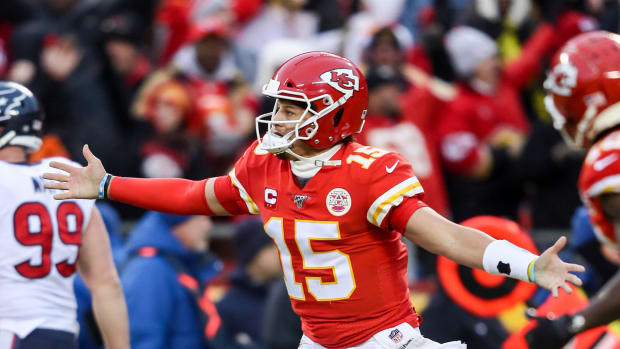 Patrick Mahomes celebrates a first half touchdown against Houston.