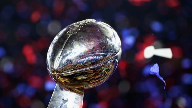 A closeup photo of the Super Bowl trophy.