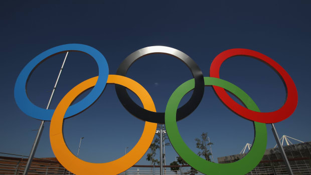 A general photo of the Olympic rings at the Rio Olympics