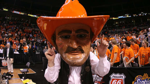 Oklahoma State's mascot looks into the camera.