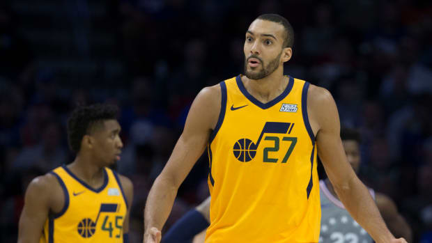 Rudy Gobert reacting to a call during a game.