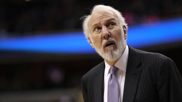 A closeup of San Antonio Spurs coach Greg Popovich.