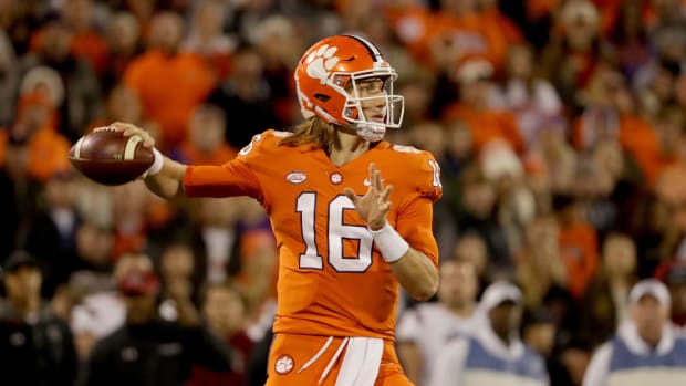 Trevor Lawrence attempts a pass for the Clemson Tigers.