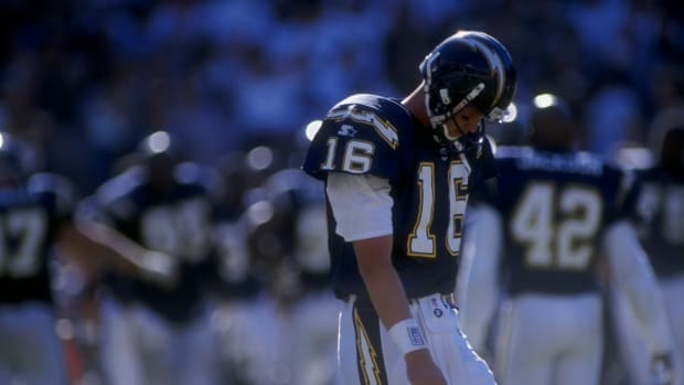 Quarterback Ryan Leaf #16 of the San Diego Chargers looks dejected during a game against the Philadelphia Eagles.