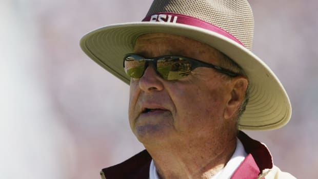 A closeup of Bobby Bowden wearing a Florida State hat.