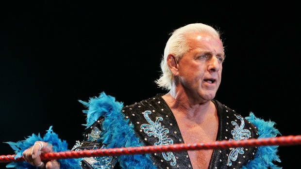 A closeup of Ric Flair entering the ring.