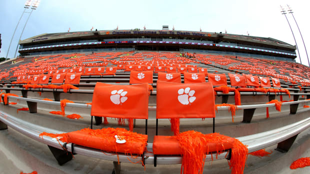 A view of the empty stands in Clemson's football stadium.