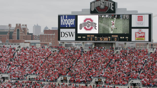 A general view of Ohio Stadium's score board during a football game.