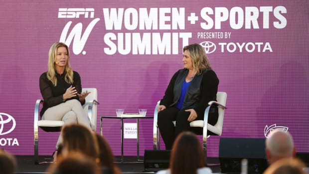 Jeanie Buss and Ramona Shelburne speak at an ESPNW panel.