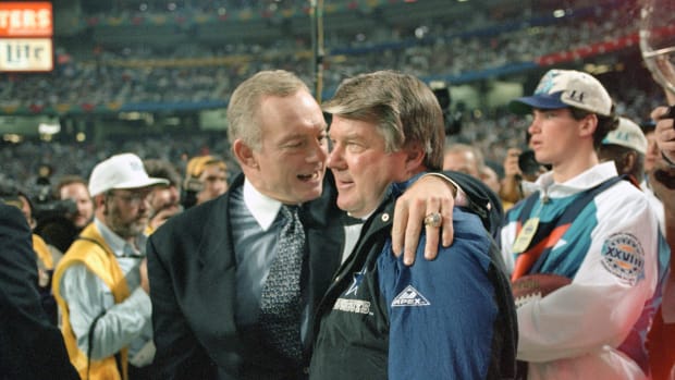 Jerry Jones and Jimmy Johnson on the sideline at the Super Bowl.