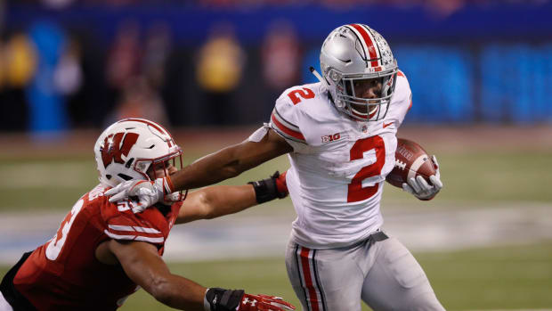 J.K. Dobbins, now a Baltimore Ravens back, running the ball for Ohio State.