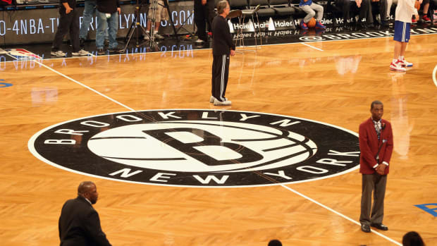 A closeup of the Brooklyn Nets court.