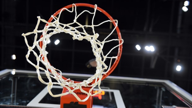 The underside of a basketball hoop.