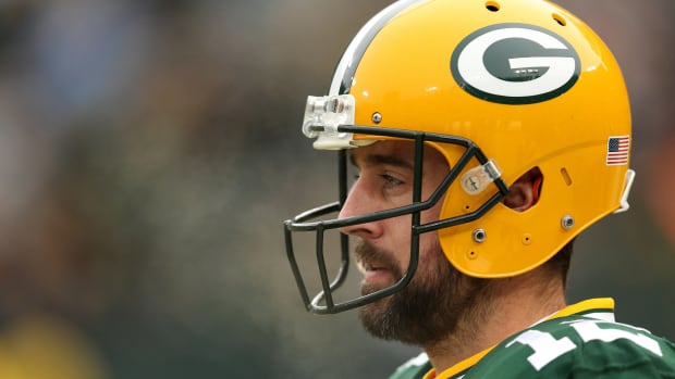 A closeup of Green Bay Packers QB Aaron Rodgers.