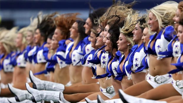 The Dallas Cowboys cheerleaders performing during a game.