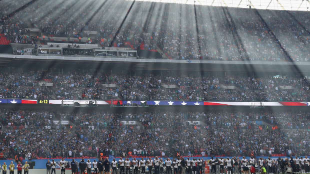 A field-level shot of an NFL game.