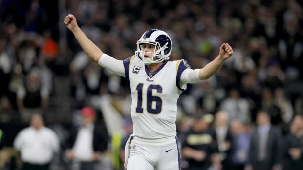 Los Angeles Rams QB Jared Goff celebrating during a game.