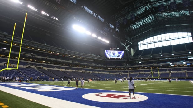 A view of the Colts stadium from the end zone.