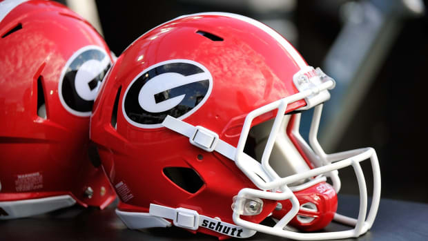 A closeup of a Georgia Bulldogs helmet