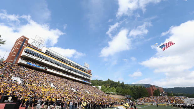 A field-level view of Appalachian State's football stadium.
